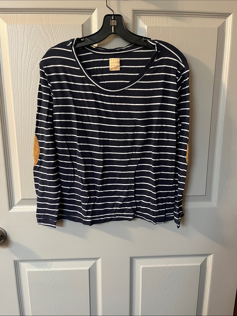 7/$20 Zara Navy & White Striped Long-Sleeve Tee with Tan Elbow Patches